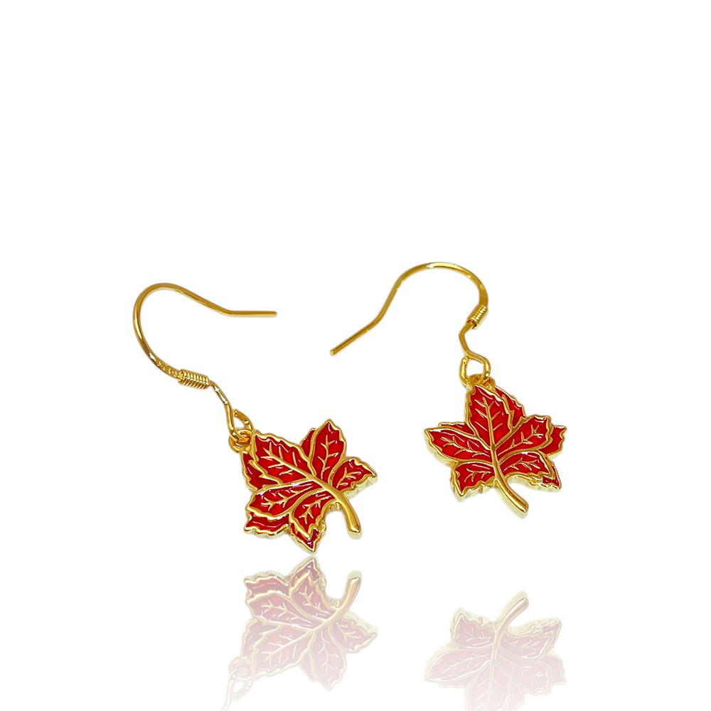 18K Gold Plated Red Maple Leaf Earrings – Sterling Silver Enamel Jewelry for Women