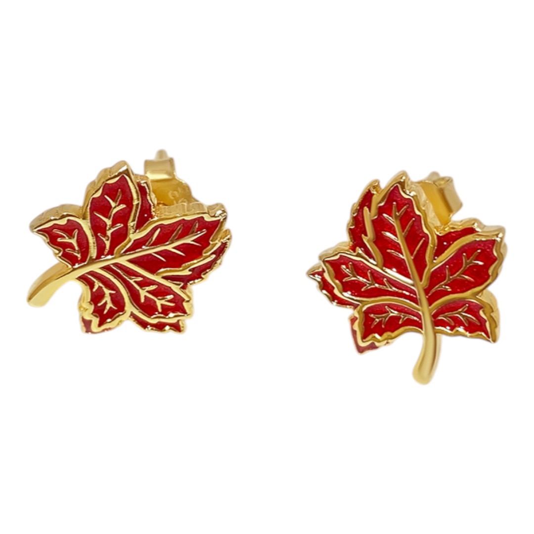 18K Gold Plated Red Maple Leaf Stud Earrings – Sterling Silver Enamel Jewelry for Women