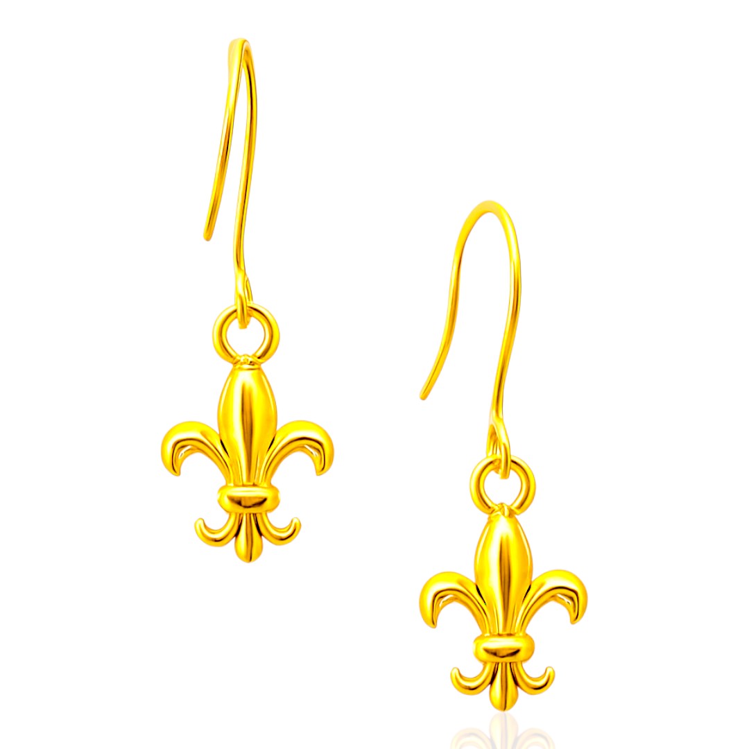 Fleur de Lys 18K Gold Plated Hanging Sterling Silver Earrings – Elegant Women’s Dangle Jewelry Gift, Trendy Gold Earrings