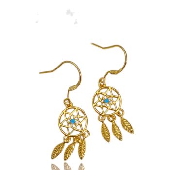 Boho Blue Stone Dreamcatcher Earrings – 18K Gold Plated Sterling Silver Dangle Jewelry for Women | Handmade Gift