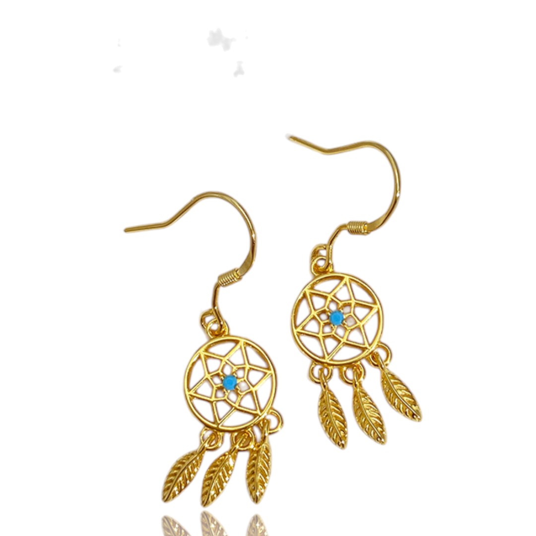 Boho Blue Stone Dreamcatcher Earrings – 18K Gold Plated Sterling Silver Dangle Jewelry for Women | Handmade Gift