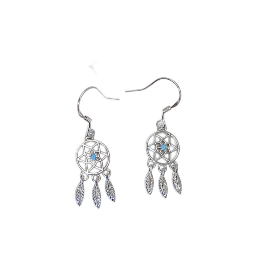 Blue Stone Dreamcatcher Earrings – White Gold Plated Sterling Silver Dangle Jewelry for Women