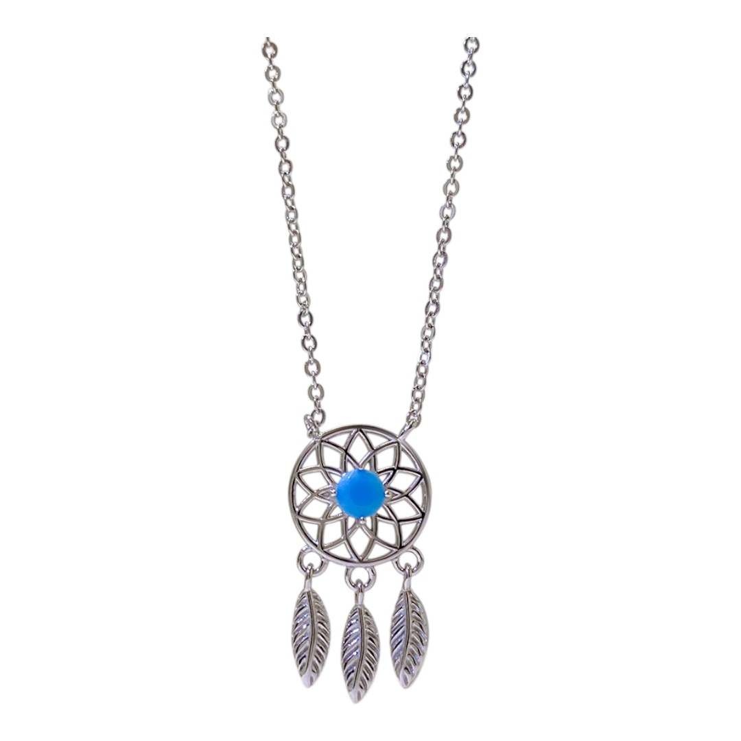 Blue Stone Dreamcatcher Pendant – White Gold Plated Sterling Silver Necklace, Elegant Women’s Jewelry Gift