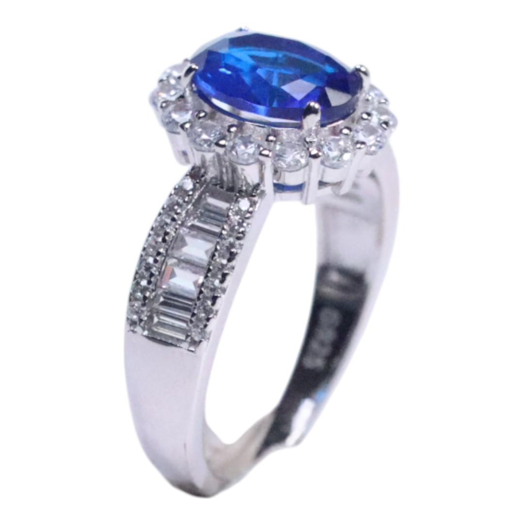 Elegant Blue Cubic Zirconia White Gold Plated Sterling Silver Ring - Image 12