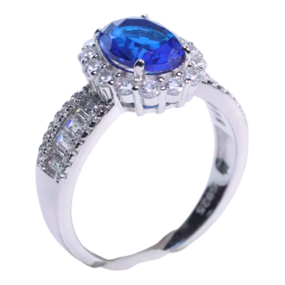 Elegant Blue Cubic Zirconia White Gold Plated Sterling Silver Ring - Image 11