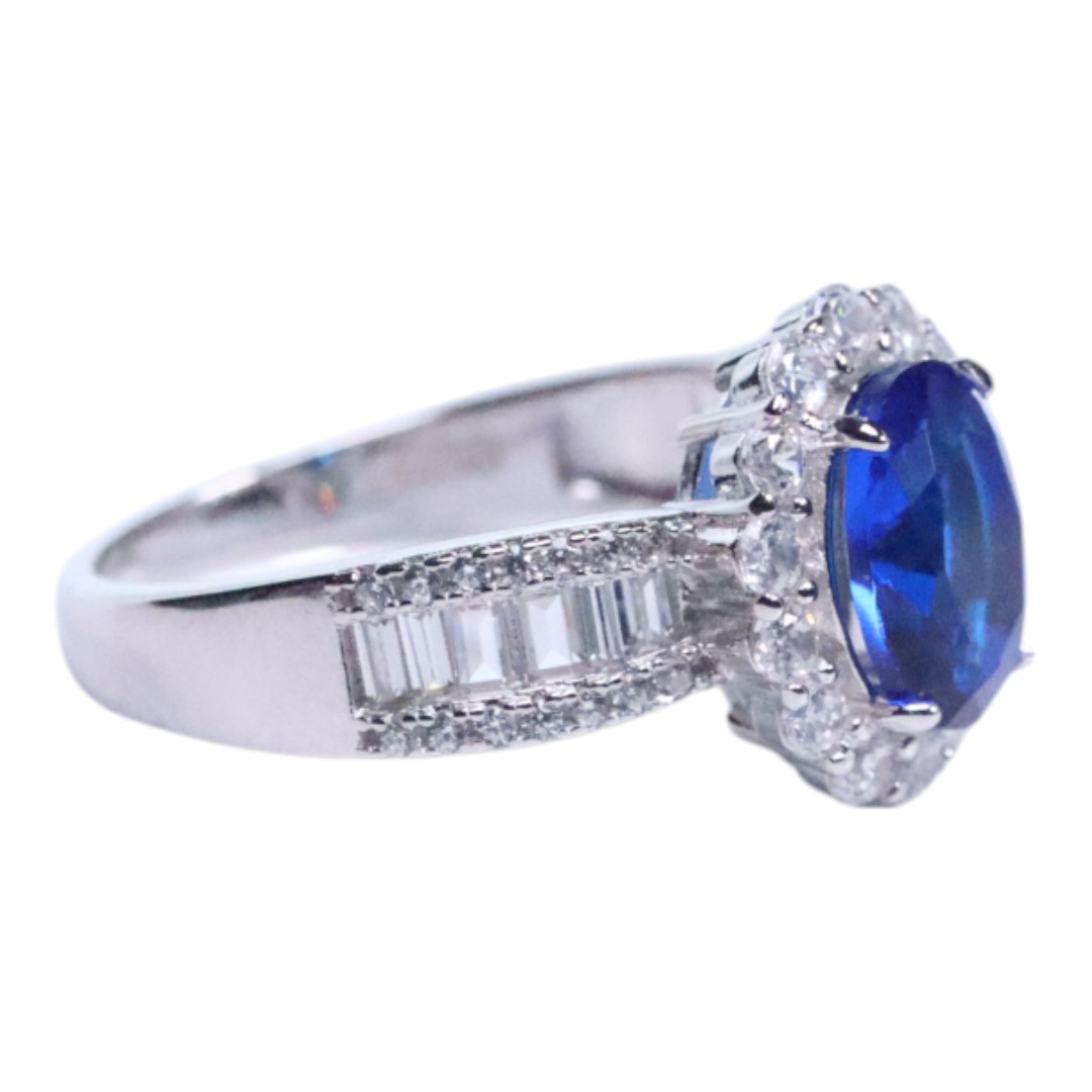 Elegant Blue Cubic Zirconia White Gold Plated Sterling Silver Ring - Image 9