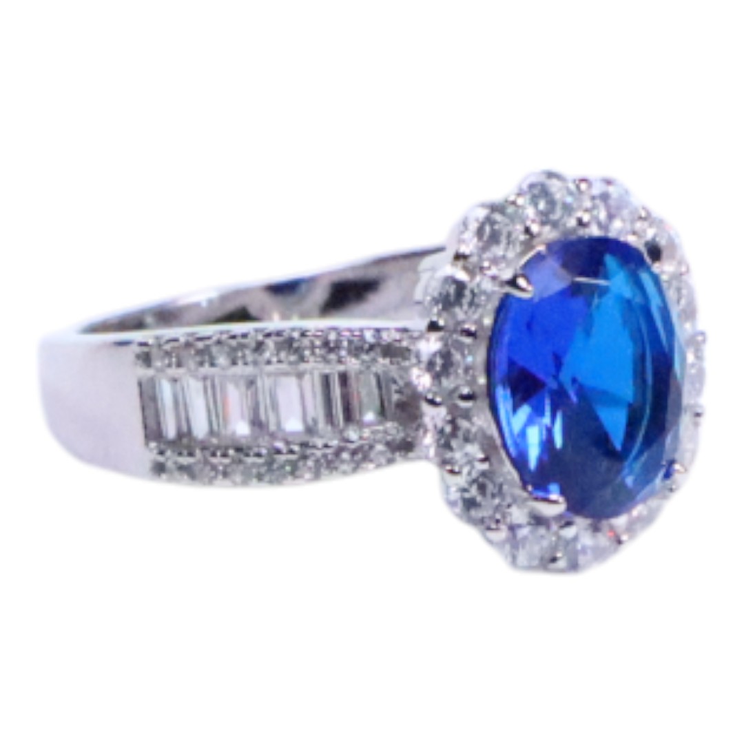 Elegant Blue Cubic Zirconia White Gold Plated Sterling Silver Ring - Image 8