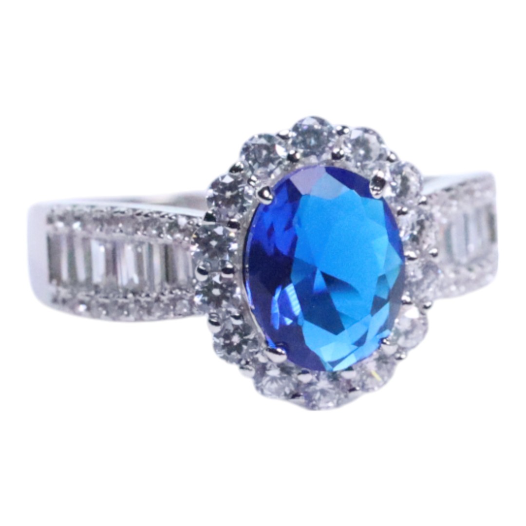 Elegant Blue Cubic Zirconia White Gold Plated Sterling Silver Ring - Image 5