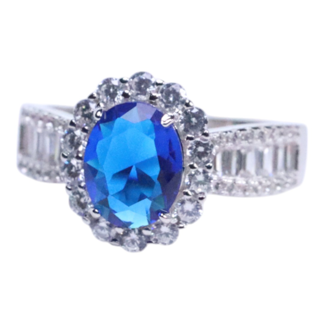 Elegant Blue Cubic Zirconia White Gold Plated Sterling Silver Ring - Image 4