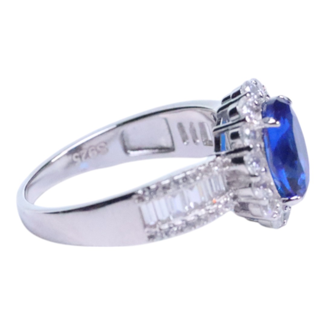 Elegant Blue Cubic Zirconia White Gold Plated Sterling Silver Ring - Image 2