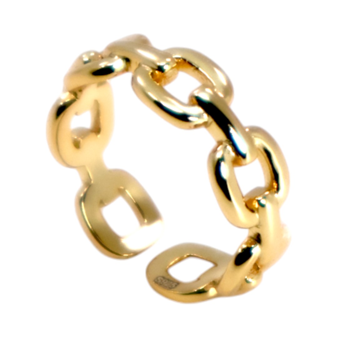 Stylish and Versatile: 18K Gold Plated Adjustable Chain Link Ring in Sterling Silver – Upgrade Your Look Now!