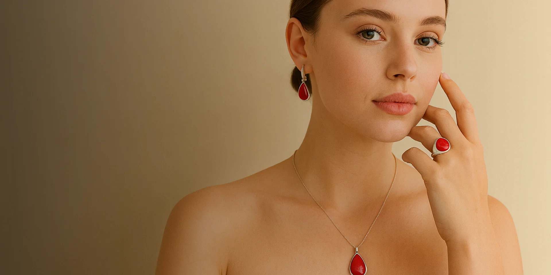 Model wearing silver coral jewellery